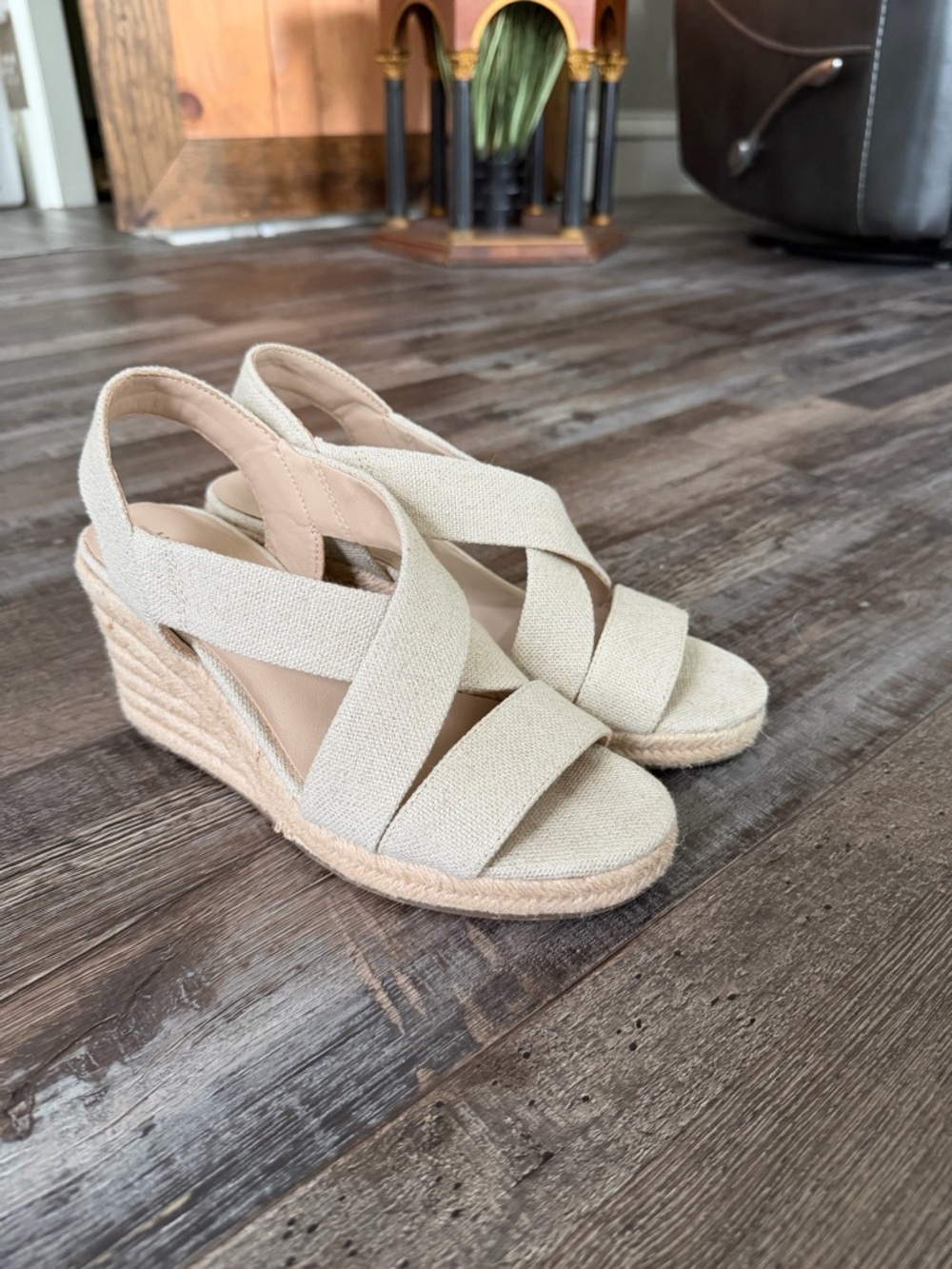 Neutral Beige Wedge Sandals with Crisscross Jute Straps SIZE 8